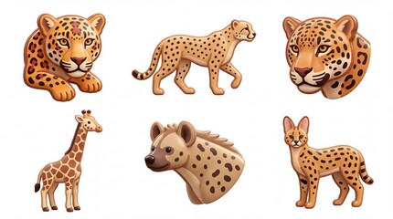 Obraz premium Set of Six Cartoon Animal Figures Featuring Cheetah Giraffe and Hyena on White Background