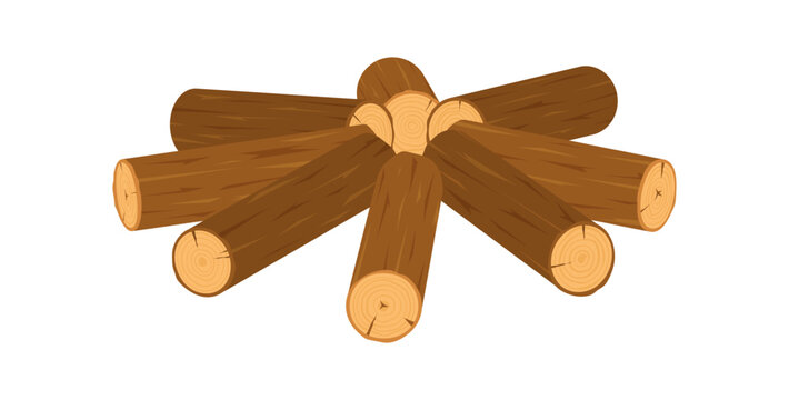 Cartoon wood log campfire icon in flat style. Wooden firewood pile as simple campfire stack with brown timber and tree trunk texture. Rustic log heap concept for sticker and bonfire camp symbol