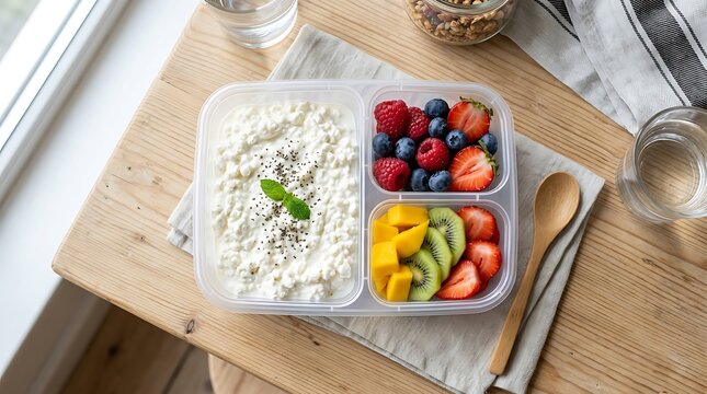 Healthy breakfast meal prep container with yogurt and fresh colorful fruits on a wooden table. cottage cheese container