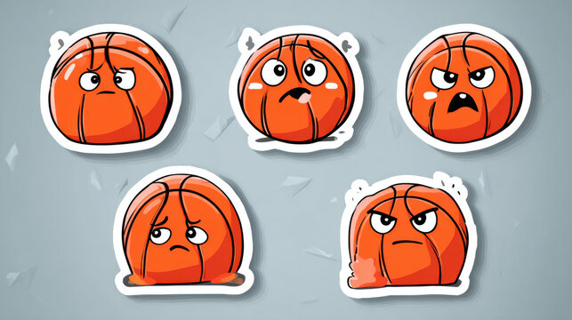Set of funny cartoon basketball emojis with different emotions