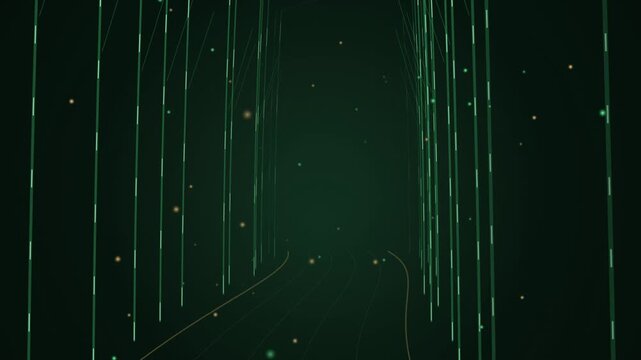 Abstract background with glowing green vertical lines and floating particles in deep space