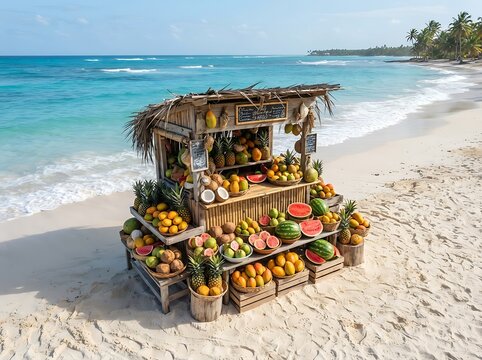 A small wooden tropical fruit stand full of fresh colorful fruits on a sunny sandy beach by the ocean. beachside fruit stand