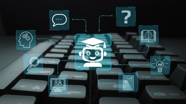 Innovative Educational Technology Concept with Robot Mascot Surrounded by Learning Icons on Computer Keyboard Background. Entropy.