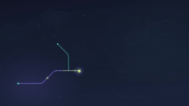 Glowing circuit lines with light nodes connecting on dark navy background, minimal tech network path drawing animation
