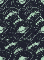 Planets with Rings and Shooting Stars Decorative Pattern © Maftuh