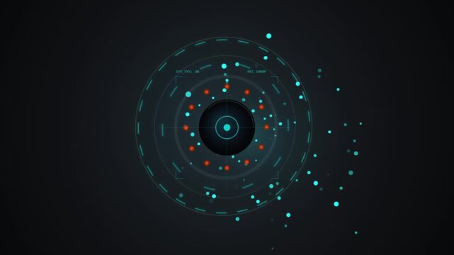 Abstract digital hud interface design with glowing circular elements and particle effects