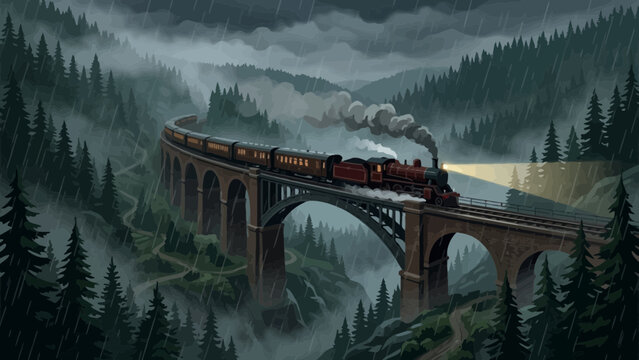 Steam train crosses an arched viaduct bridge through a rainy misty forest landscape