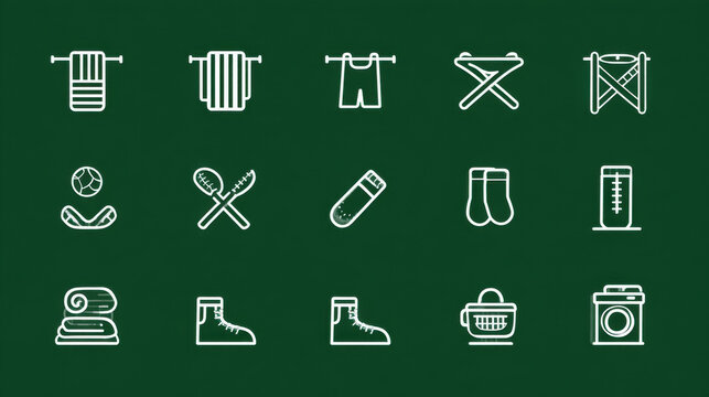 Set of white outline laundry icons on a dark green textured background featuring various garment care symbols