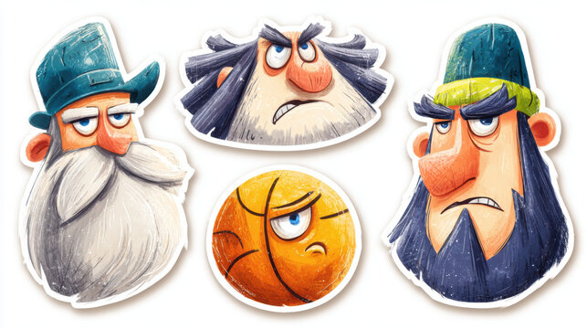 Funny cartoon characters with beards and angry expressions in sticker style