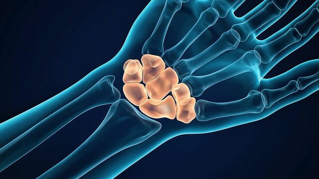 An anatomical 3D medical animation illustrating the human hand skeleton with the carpal bones in the wrist joint highlighted in orange.