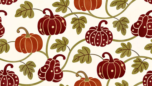 Seamless Folk Autumn pattern, whimsical pumpkins and leaves, cranberry red and sage tones. Tileable