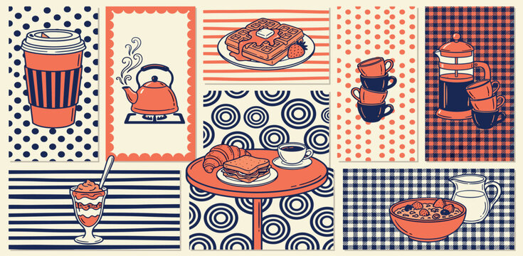 Food poster. Coffee and breakfast banner. Vintage sketch food and drink elements for cafe menu. Hand drawn coffee, pastry, morning meal, baking, cups. Vector cards