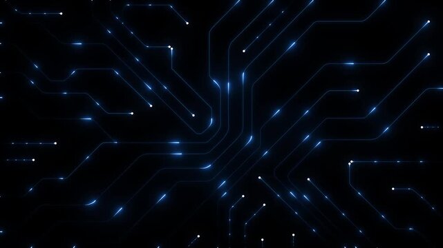 Glowing blue circuit board tracks animation with digital data impulses moving along pathways for big data, artificial intelligence, and technology background, 4k motion graphics animation concept.