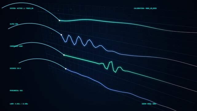 Digital medical analysis interface showing multiple data streams and wave patterns on a three dimensional grid