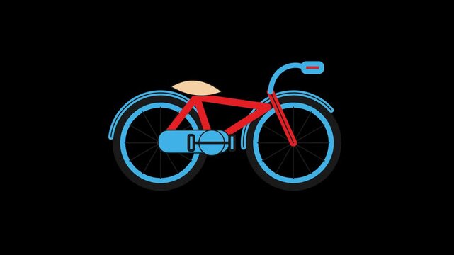 Flat design animated red and blue bicycle illustration with moving pedals on a solid black background.