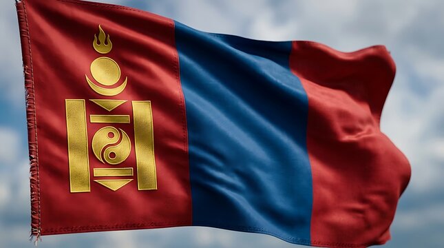 The mongolian national flag is waving in the breeze against a cloudy sky