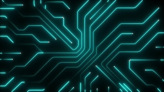 Glowing cyan circuit board tracks animation with digital data impulses moving along pathways for big data, artificial intelligence, and technology background, 4k motion graphics animation .