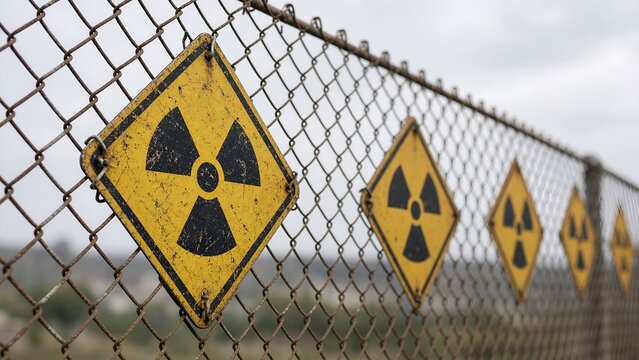 Radioactive Warning Signs Attached to a Chain Link Fence in an Industrial Area
