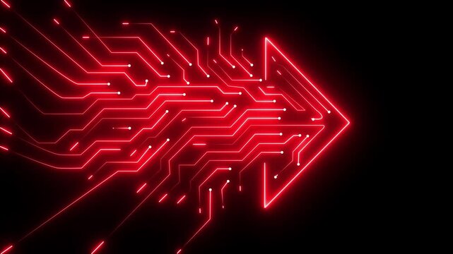 Glowing red neon circuit board tracks forming a forward arrow shape animation background for cybersecurity concepts, digital technology growth, data flow direction, and high tech presentations.4k
