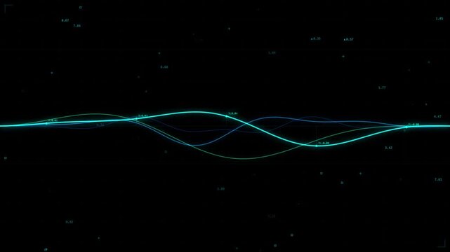 Abstract digital data visualization showing glowing blue and turquoise frequency waveforms on a dark background
