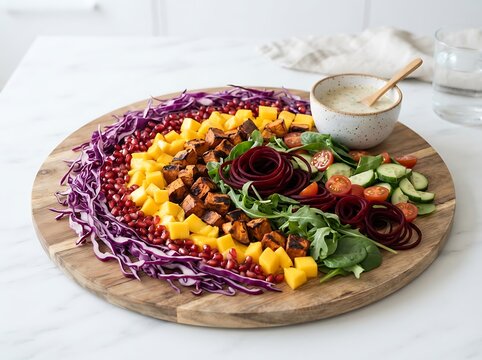 Fresh colorful vegetable salad platter with chopped red cabbage mango and healthy dressing on wood board. rainbow meal presentation