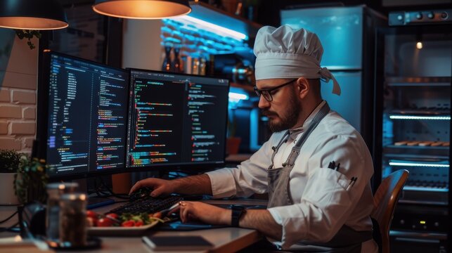 Chef wearing glasses and a toque codes on computer screens next to a plate of fresh food in a dimly lit kitchen.