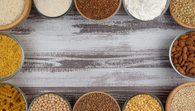 Pantry Restocking Grocery Flat Lay with Copy Space
