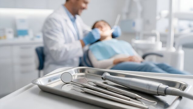 Dentist Examining a Patient with Medical Instruments Ready on a Steel Tray