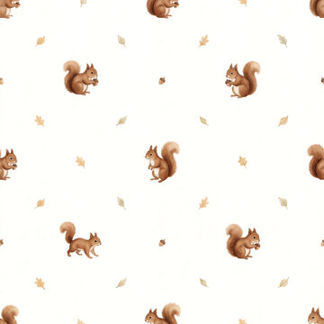 Watercolor squirrels seamless pattern with organic texture for stationery and branding designs