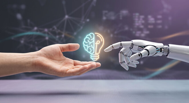 Human Hand And Robotic Arm Reaching Towards A Brain shaped Lightbulb Illustration. Concept of AI & Human.
