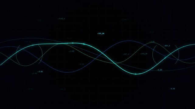 Technical data flow visualization with cyan oscillating waves and status indicators on a black background
