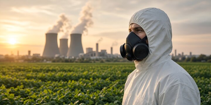 Man in Hazmat Suit with Gas Mask in Field with Nuclear Power Plant in Background