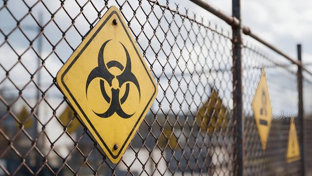 Yellow Biohazard Warning Sign Attached to a Chain-link Fence in an Industrial Area