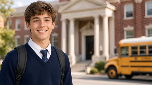 Smiling Teen Boy Standing in Front of School Building with Yellow Bus