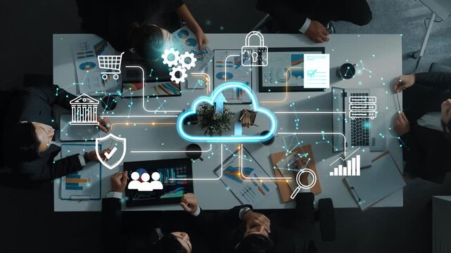 Collaborative Business Meeting with Technology and Cloud Computing Visuals Displayed on Table Surface. Entropy.