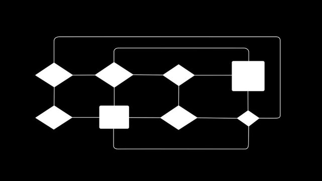 Minimal black and white logic flowchart diagram with connected geometric diamond and square nodes for data structure and technology concept on motion graphics animation video.