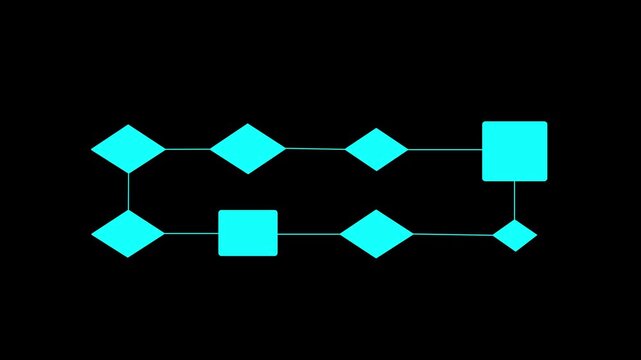 Minimal black and cyan logic flowchart diagram with connected geometric diamond and square nodes for data structure and technology concept on motion graphics animation video.