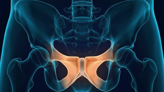 3D medical animation showing the human pelvis with a highlighted pubic bone and symphysis area on a dark blue digital background
