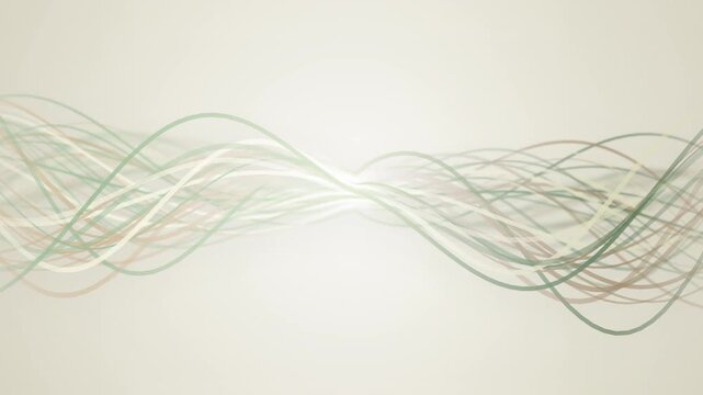 Close up of organic beige and green textile fibers spinning into a durable thread for sustainable garment manufacturing industry.