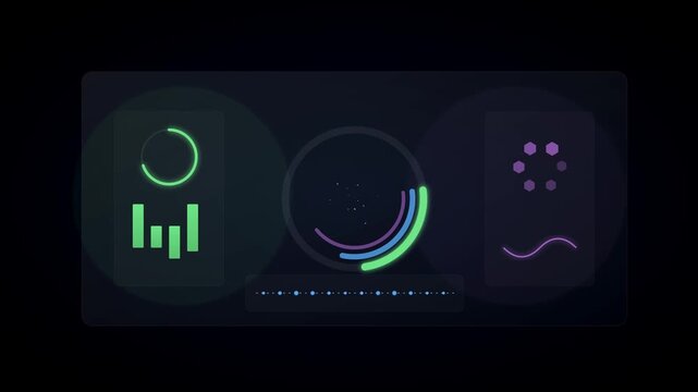 Transparent ESG Reporting Dashboard with Green Blue and Violet Data Panels and Circular Graphs in Dark Corporate Office Setting