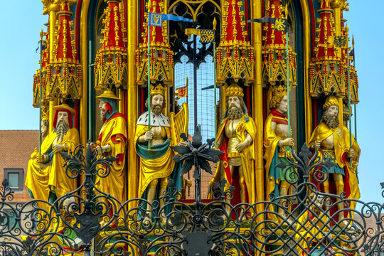 The historic Schoner Brunnen (Beautiful Fountain) in Nuremberg, Germany