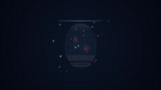 Digital human face silhouette made of blue pixels with vertical scanning line and red glowing regions for deepfake detection technology