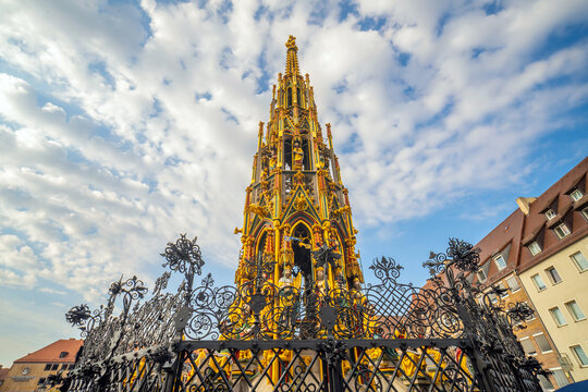 The historic Schoner Brunnen (Beautiful Fountain) in Nuremberg, Germany