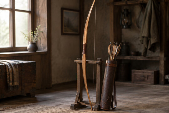 A tall longbow standing upright on a wooden rack with a quiver of arrows beside it.