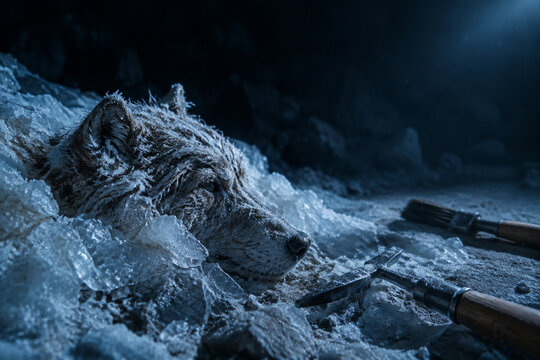 Preserved wolf head in icy permafrost with excavation tools, science and frozen history concept