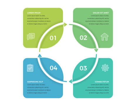 Four options infographic template with four panels arranged in a cycle, connected by arrows. 4 steps flow chart or graphic for business processes and workflows. Vector illustration