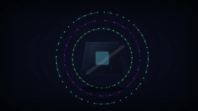 Futuristic Dark Glass Cryptocurrency Multi-Signature Wallet Protected by Glowing Cyan Violet and Green Security Rings in Tech Space
