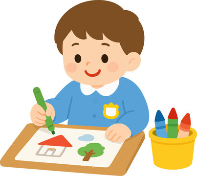 Cute Little Boy Drawing with Crayons
