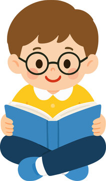 Cute Little Boy with Glasses Reading a Book