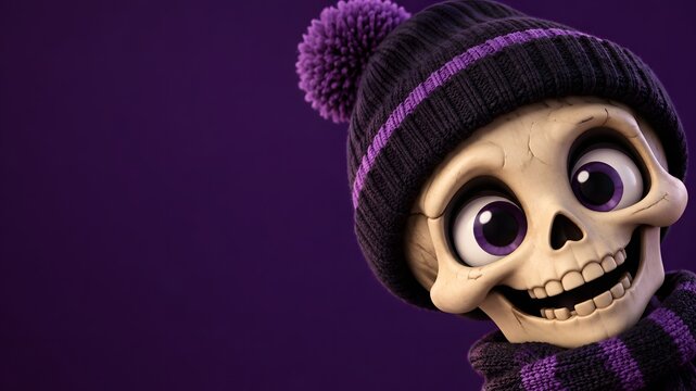 3d cute cartoon character of skull wearing winter hat on dark purple background